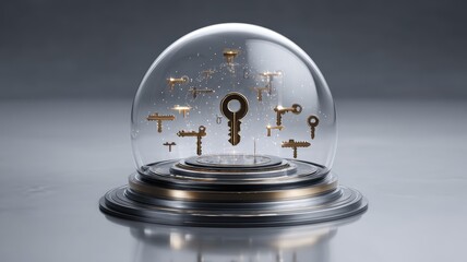 Futuristic 3D illustration of multiple golden keys floating inside a glass dome on metallic pedestal. Perfect for digital security, access control, or conceptual technology themes.