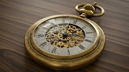A broken golden antique pocket watch with a shattered face sits on a wooden surface displaying intricate gears and Roman numerals - Powered by Adobe