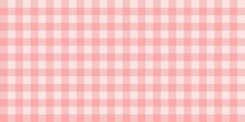 Pink gingham checkered pattern background. Seamless pastel pink plaid design. Soft and sweet vintage aesthetic. Pink white gingham check tablecloth picnic style traditional.