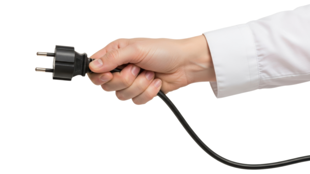 Hand holding a black electrical power plug isolated
