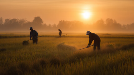 Farmers Harvesting Rice at Sunrise
