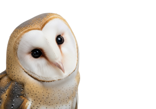 Majestic adult Barn Owl with iconic heart-shaped white face, dark eyes, speckled plumage, head tilted curiously. Photorealistic studio portrait on transparent background with copy space. Concept of - Powered by Adobe