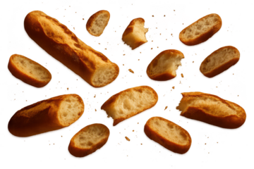 Crispy baguette slices and crumbs falling, isolated on transparent background