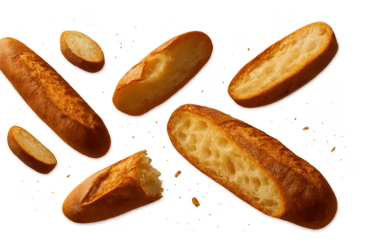 Crispy baguette pieces with crumbs isolated on transparent background, tasty.