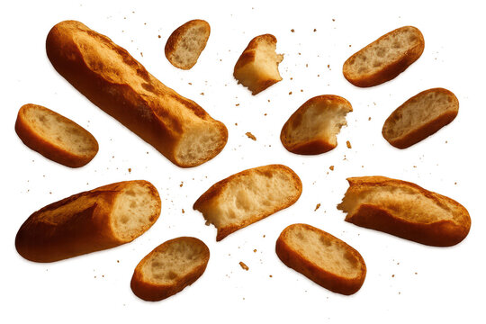 Crispy baguette slices and crumbs falling, isolated on transparent background