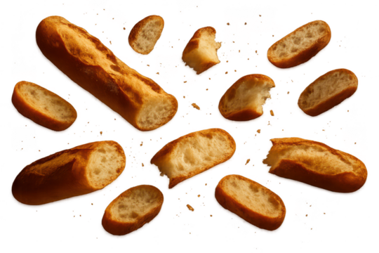 Crispy baguette slices and crumbs falling, isolated on transparent background