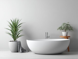 Fototapeta premium A modern bathroom boasts a minimalist aesthetic, featuring a pristine white freestanding tub, leafy plants, and muted gray tones.