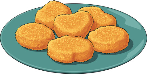 Crispy chicken nuggets on teal plate for fast food menu, snack packaging, cooking design, restaurant branding, and food illustration