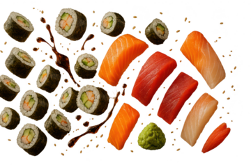Delicious sushi and sashimi, isolated on a clear transparent background.