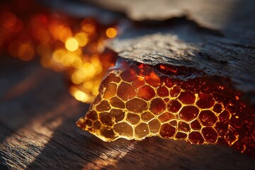 Amber honeycombs, golden hues, natural light