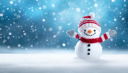 Fototapeta premium Cheerful snowman in a dreamy blue winter wonderland, smiling with a colorful scarf, joyful season.