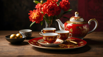 Fototapeta premium Tea pot and cups styled in red and gold festive design, Lunar New Year symbolic display.