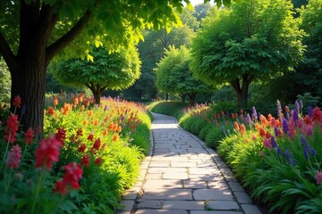 Sun-Dappled Garden Path A Winding Stone Pathway Leads to Tranquility Through Lush Greenery, Vibrant Flowers, and Dappled Sunlight, Creating a Picturesque and Secluded Escape.