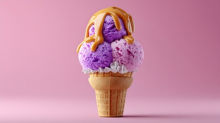A vibrant ice cream cone features a rich purple scoop topped with a golden caramel drizzle against a playful pink backdrop.