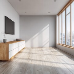 Obraz premium A modern, minimalist living room boasts light-filled space with a large window, showcasing city views.