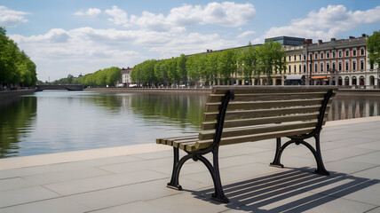 Empty park bench offers a serene view of a tranquil canal and historic city buildings on a sunny day.