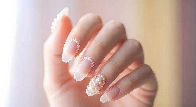A soft, dreamy portrait of squoval nails with a translucent frosted glass polish. The nails are adorned with miniature pearls and pearlescent beads.