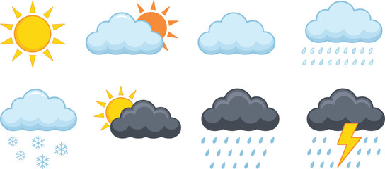 Weather icons set, sunny, cloudy, rainy, snowy, stormy, thunderstorm, forecast symbols, climate graphics, meteorology, vector illustration, flat design, minimal style,