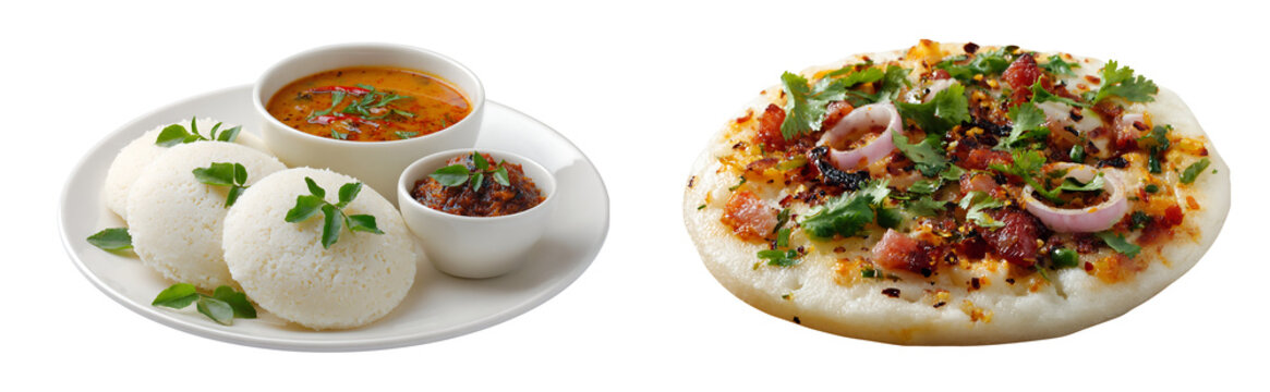 A plate of idli with sambar and chutney alongside uttapam topped with vegetables and spices served