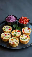 Colorful mini quiches with fresh vegetable toppings and a side of purple cabbage salad