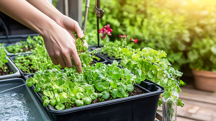 Gardener tending to leafy greens in a hydroponic setup under natural sunlight