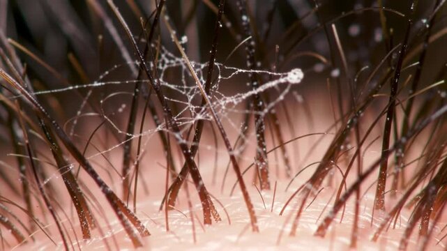Detailed macro footage showing dandruff and tiny spiderweb on the scalp for hair health
