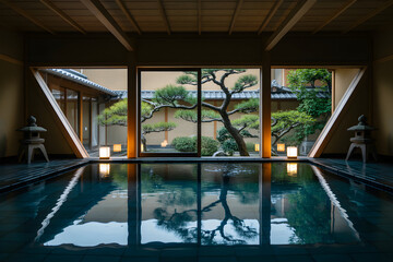 Serene indoor pool with tranquil Japanese garden view and reflections