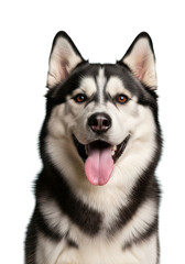 Obraz premium Beautiful, happy siberian husky, thick black and white fur, pink tongue, panting with a joyful smile, looking at camera, light blue-green studio with copy space, pet well-being concept