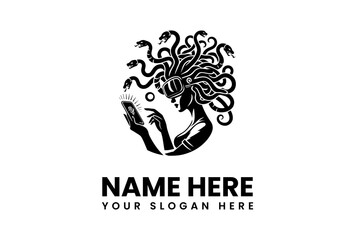 Medusa in VR Headset Using Smartphone Modern Logo Design.