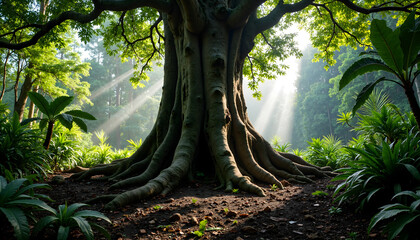 A large ancient tree with sprawling roots in a dense tropical forest filtering sunlight into the lush greenery - concept of nature's beauty and ecosystem health.