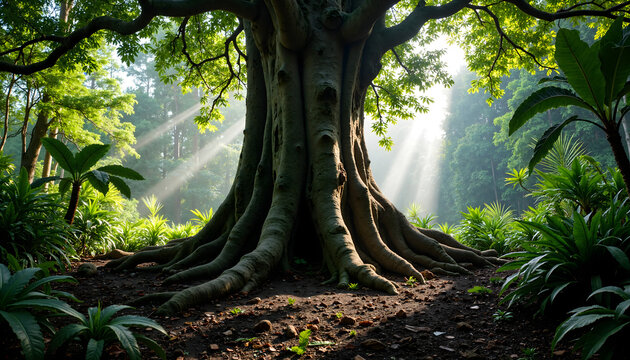 A large ancient tree with sprawling roots in a dense tropical forest filtering sunlight into the lush greenery - concept of nature's beauty and ecosystem health. - Powered by Adobe