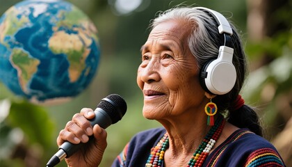 Global connection through sound. An elderly tribal woman wearing headphones records a message with a microphone for the world