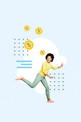 Vertical artwork pop trend collage of happy businesswoman run dollar coin achievement capital currency miner jackpot salary