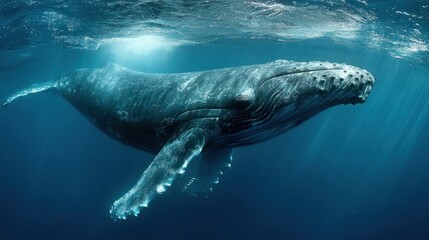 Naklejka premium A magnificent sea turtle glides through the clear, deep blue ocean, surrounded by sunlight