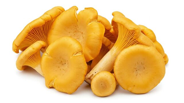 A cluster of golden chanterelle mushrooms with visible gills on a white background