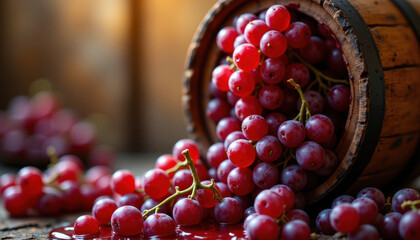Fototapeta premium Red grape cluster spilling from wooden barrel with juice on rustic surface, vibrant fresh fruit with natural light creating warm and inviting atmosphere