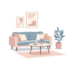  cozy and bright living room with minimalist furniture, plants, and a window with a cityscape view