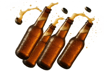 Beer bottles with dynamic foam splash, isolated on transparent background