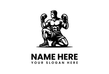 Muscular Boxer Kneeling Ready to Fight Wearing Boxing Gloves Silhouette Style.