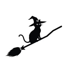 Black cat witch riding broomstick vector