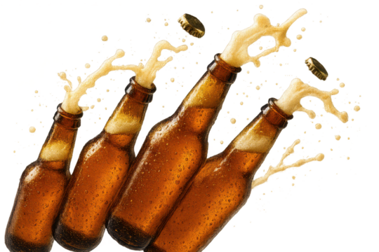 Exploding beer bottles with dynamic splash and foam isolated on transparent background