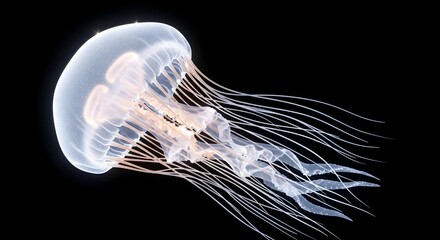 A mesmerizing jellyfish with glowing details gracefully floats in the dark ocean.
