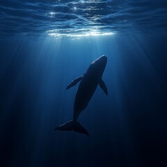 Naklejka premium Lovely underwater whale glowing with sunlight beams filtering from above picture