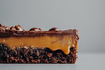 Close-up of a decadent chocolate brownie bar with a thick layer of caramel and a glossy chocolate topping, showing a rich, gooey texture and slight caramel drip