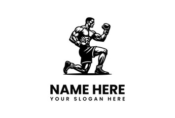 Powerful Kneeling Boxer in Vintage Style Illustration.