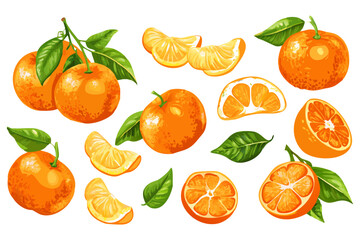 Fresh orange. Big vector collection of fresh oranges. Orange fruit isolated on white background.
