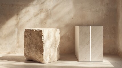 Sunlit stone and marble blocks on beige wall