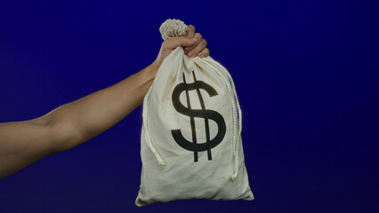 Man holding money bag with dollar symbol against blue background symbolizing wealth and finance...