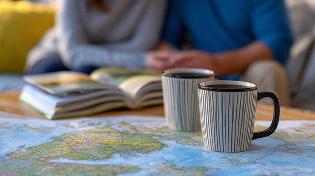 A cozy travel planning scene, couple with mugs of coffee studying a detailed world map on a table, backpacks resting at their feet, surrounded by guidebooks and notes