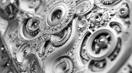 Intricate grayscale close-up of a complex, mechanical apparatus with interlocking gears and intricate details, showcasing a highly detailed and textured surface
